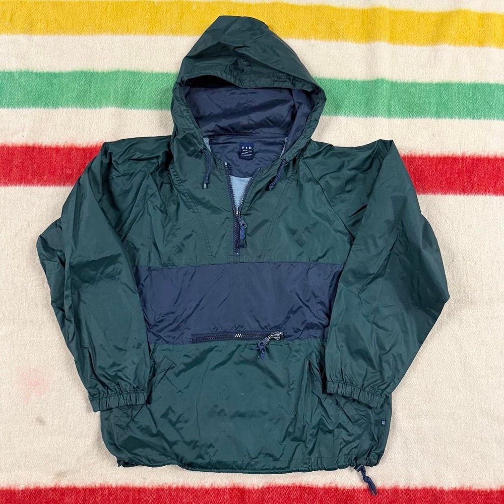 Vintage 90s GAP Nylon Spellout Anorak Jacket Mens Small Green Navy Colorblock